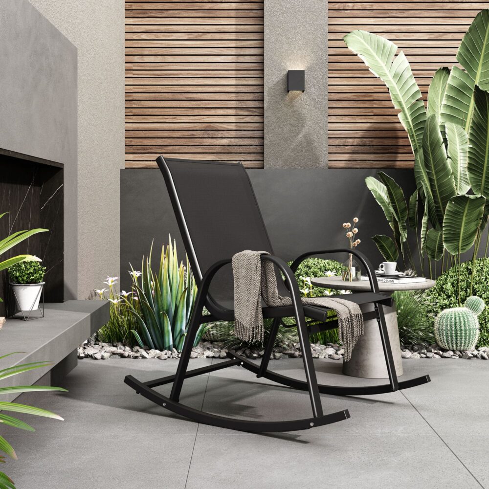 Rocking Chair High Back Rocker Chairs Steel Metal Textilene Fabric-Black 3