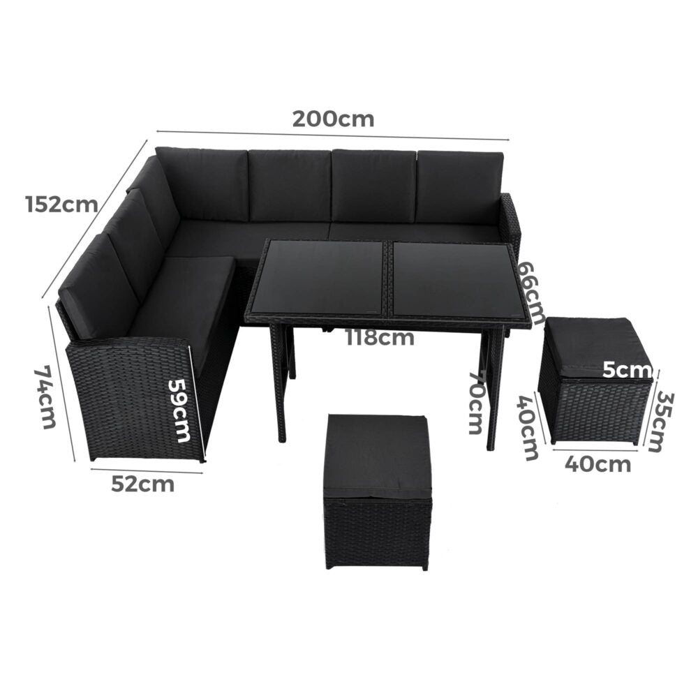 Ella 8-Seater Modular Outdoor Garden Lounge and Dining Set with Table and Stools in Black 10