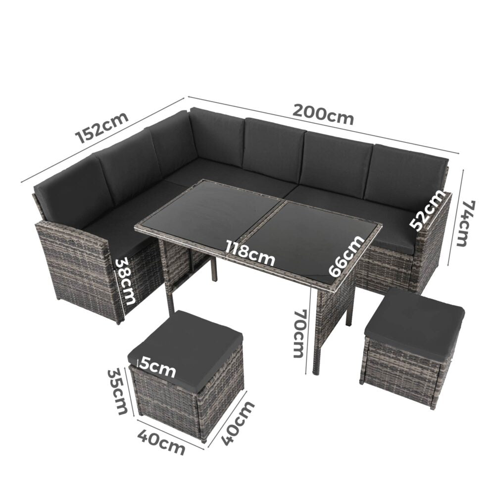 Ella 8-Seater Modular Outdoor Garden Lounge and Dining Set with Table and Stools in Dark Grey Weave 8