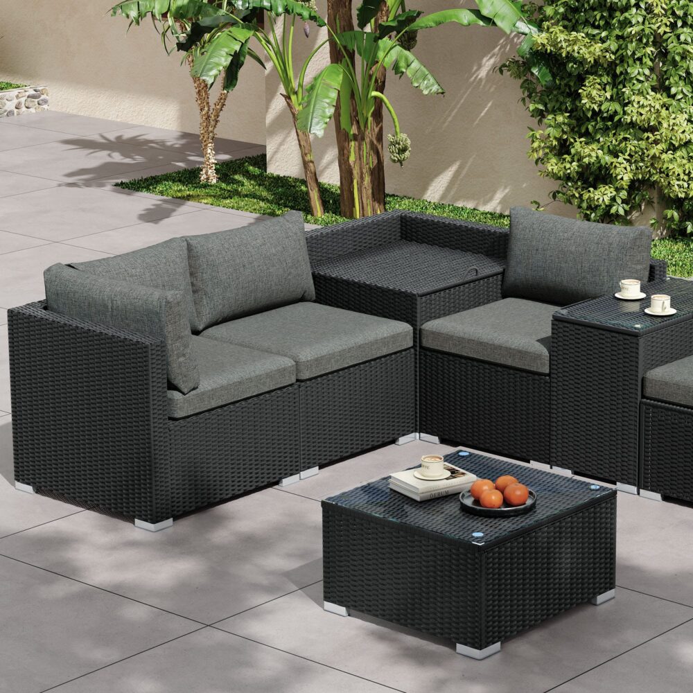 7PC Outdoor Wicker Loveseat Setting with Storage Corner (Black) 6