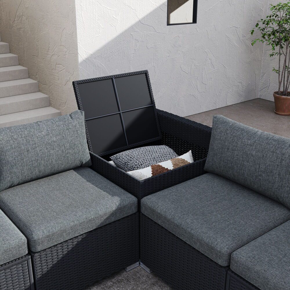 7PC Outdoor Wicker Loveseat Setting with Storage Corner (Black) 7