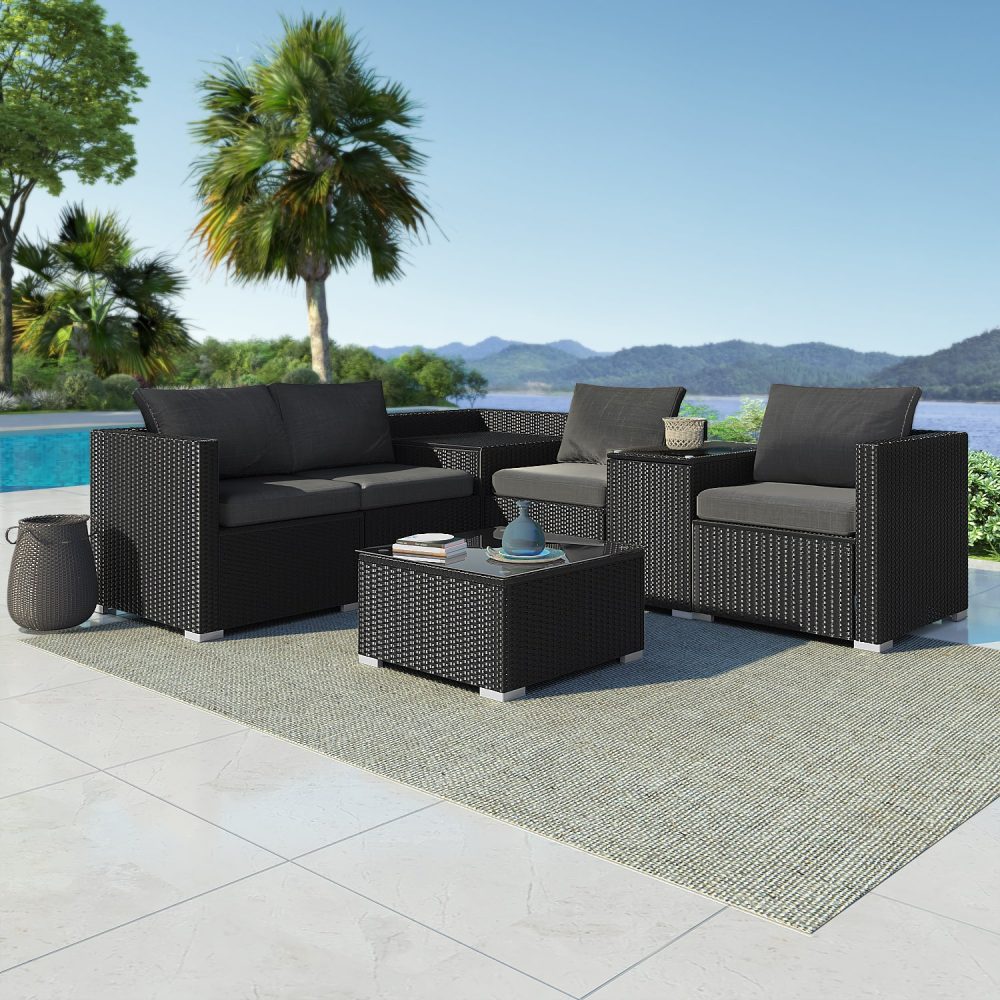7PC Outdoor Wicker Loveseat Setting with Storage Corner (Black) 3