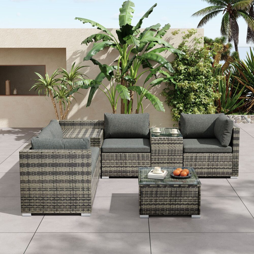 7PC Outdoor Wicker Lounge with Storage Corner (Grey) 3