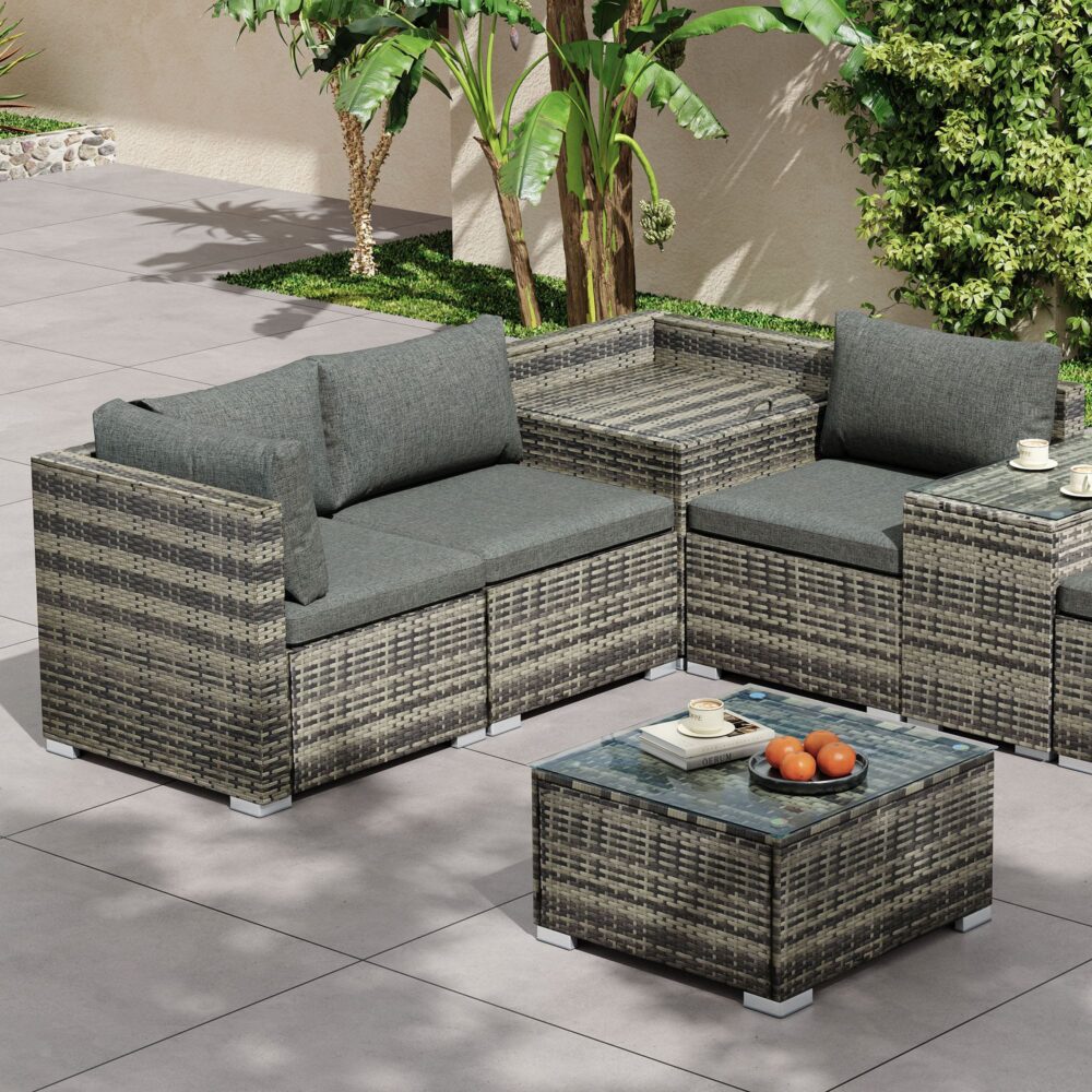 7PC Outdoor Wicker Lounge with Storage Corner (Grey) 9