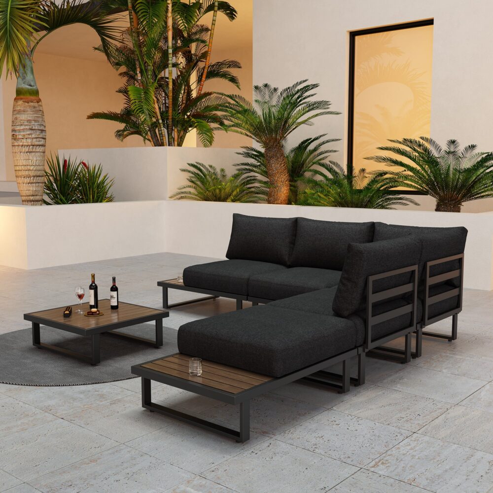 Modern Outdoor 7 Piece Lounge Set with Slatted Polywood Design Tables 3