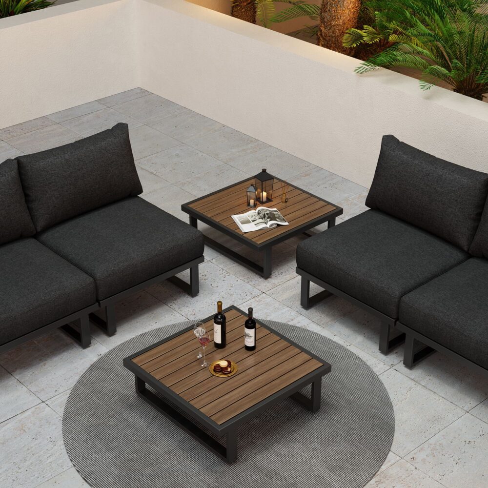 Modern Outdoor 7 Piece Lounge Set with Slatted Polywood Design Tables 12