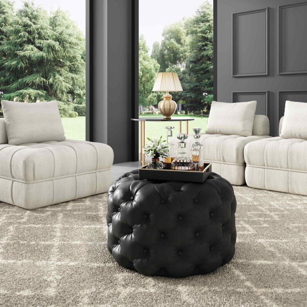 Contemporary Black Leather-look Ottoman with Button 4