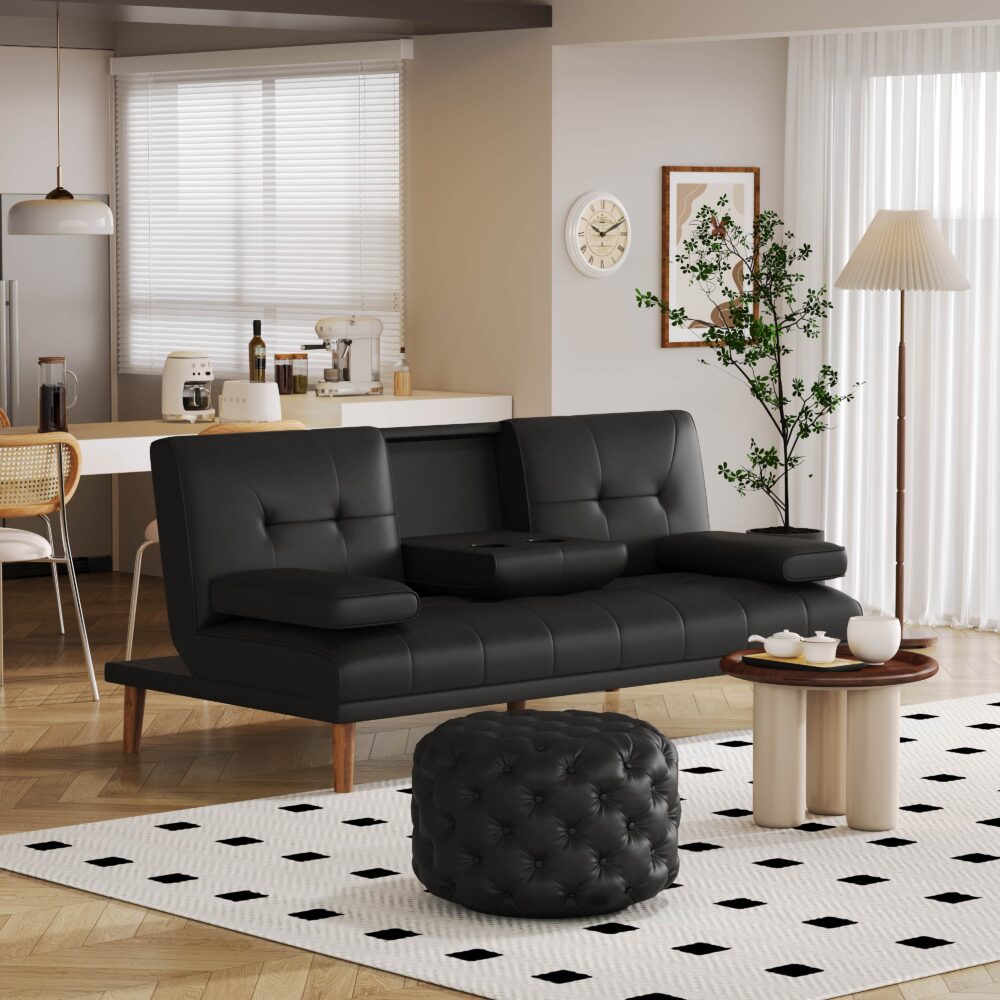 Contemporary Black Leather-look Ottoman with Button 5
