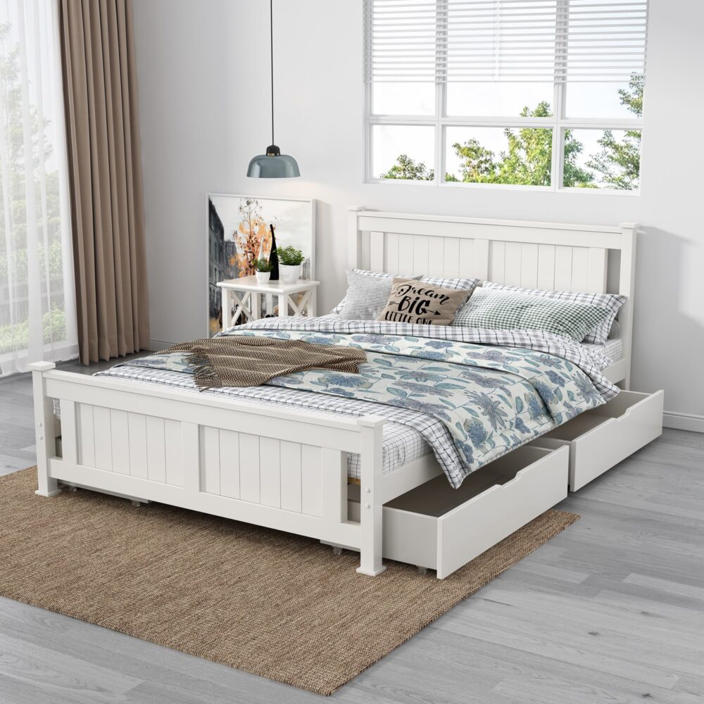 2 x Wooden Bed Frame Storage Trundle Drawers-White 5