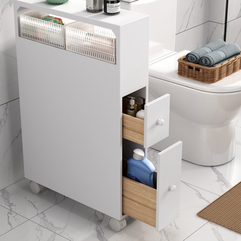 Removable Bathroom Side Cabinet Toilet Caddy with Storage Drawers- White 3
