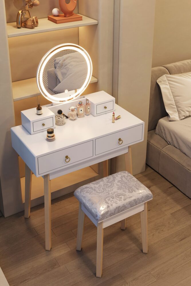 Dressing Vanity Table Stool Set with Make-up LED Lighted Mirror-White 6