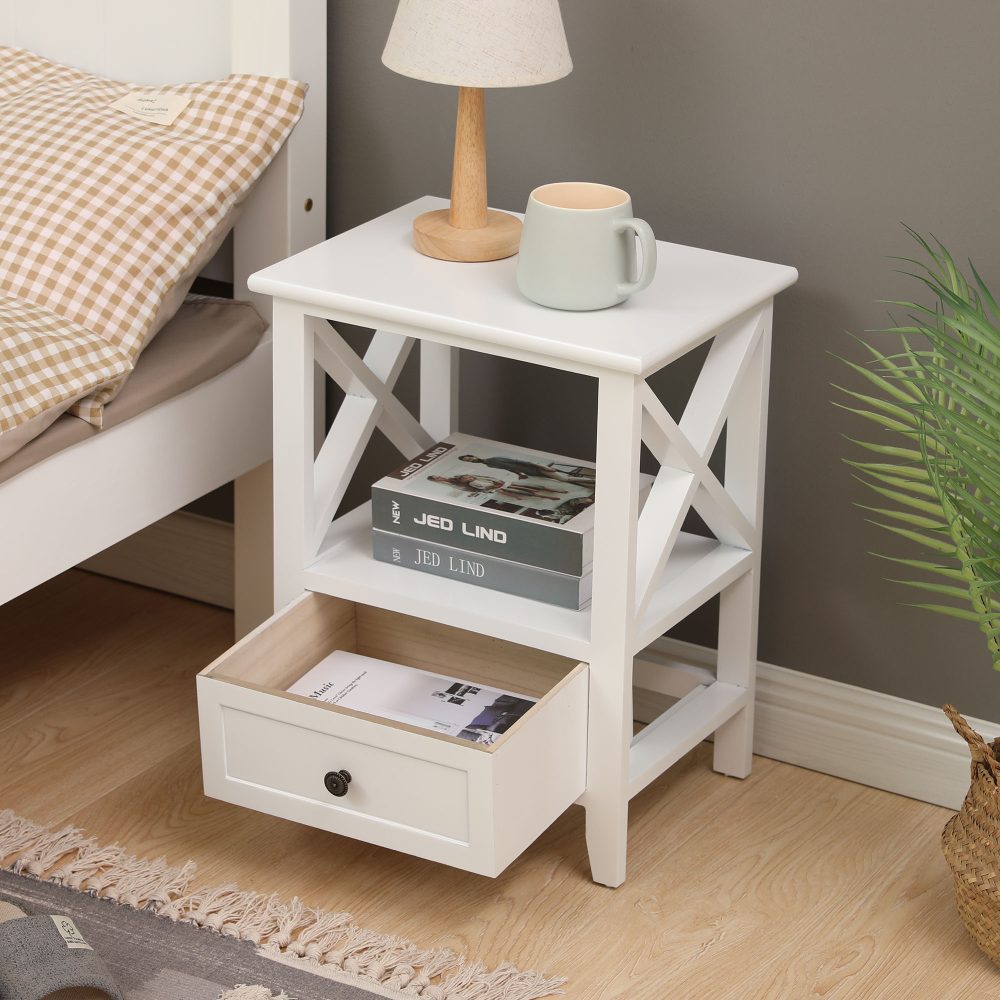 2-tier Bedside Table with Storage Drawer 2 PC Rustic White 10