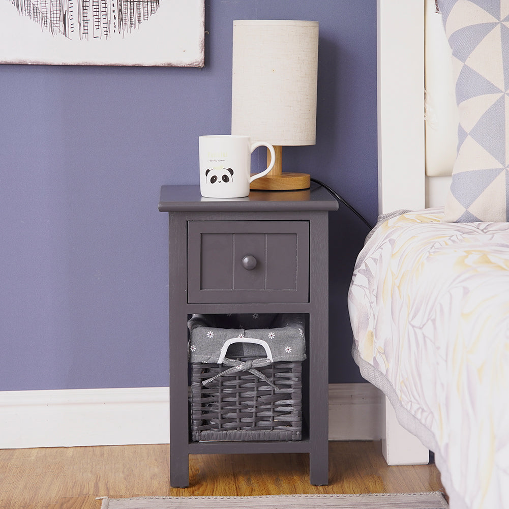 Grey Bedside Table with Wicker Basket 3