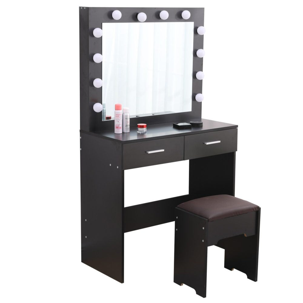 Fidel Vanity Set with Cushioned Stool and Lighted Mirror- Black 5