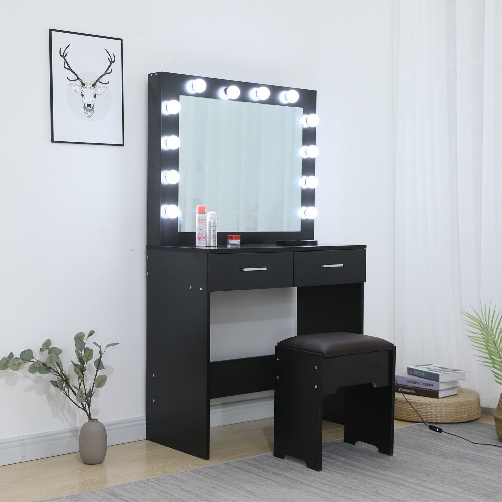 Fidel Vanity Set with Cushioned Stool and Lighted Mirror- Black 4