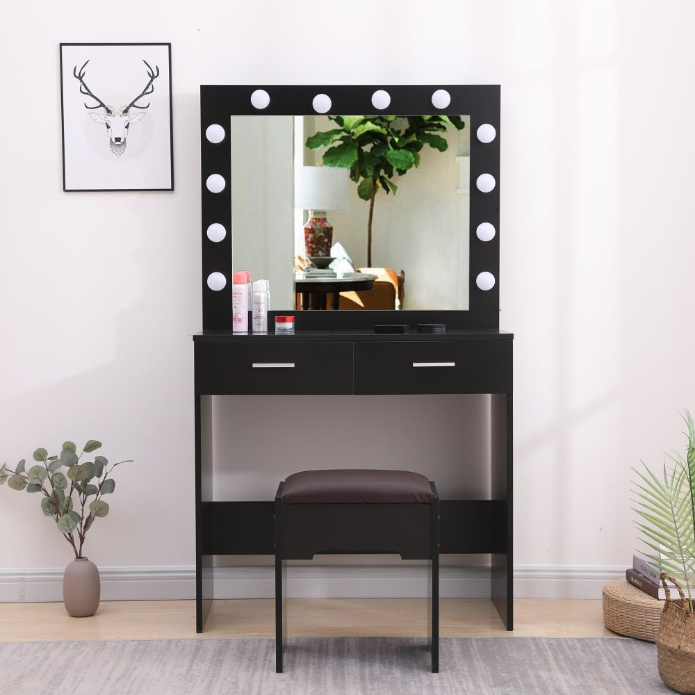 Fidel Vanity Set with Cushioned Stool and Lighted Mirror- Black 3