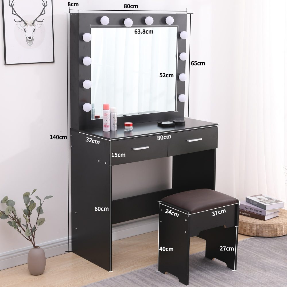 Fidel Vanity Set with Cushioned Stool and Lighted Mirror- Black 12