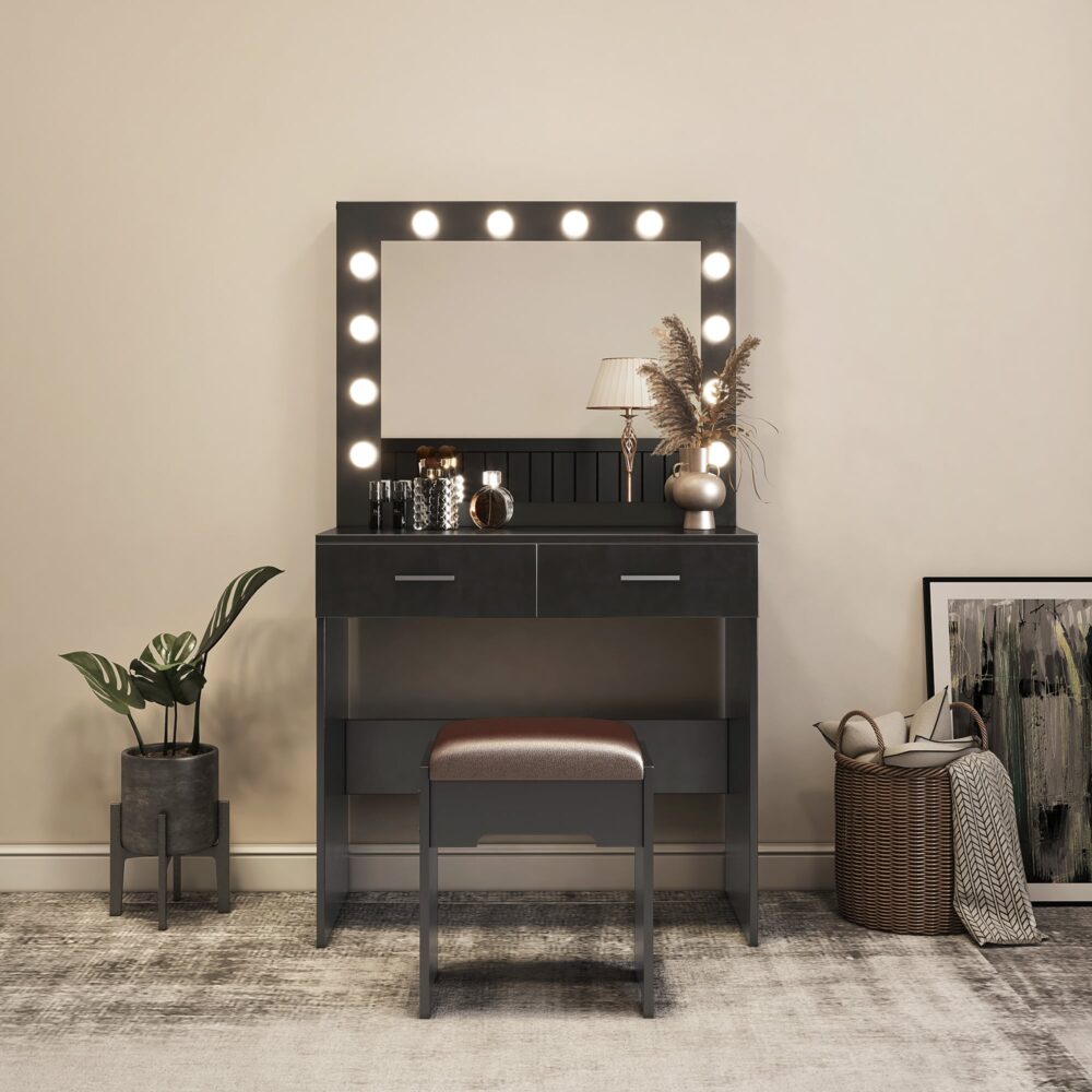Fidel Vanity Set with Cushioned Stool and Lighted Mirror- Black 6