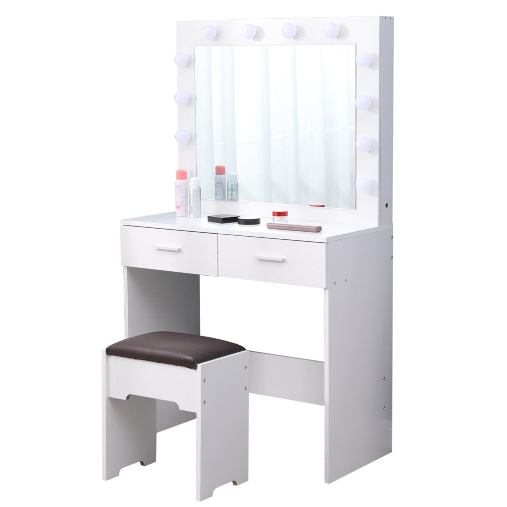 Fidel Vanity Set with Cushioned Stool and Lighted Mirror- White 4