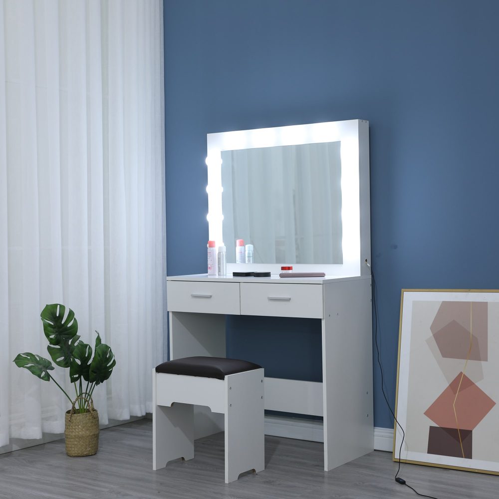 Fidel Vanity Set with Cushioned Stool and Lighted Mirror- White 9