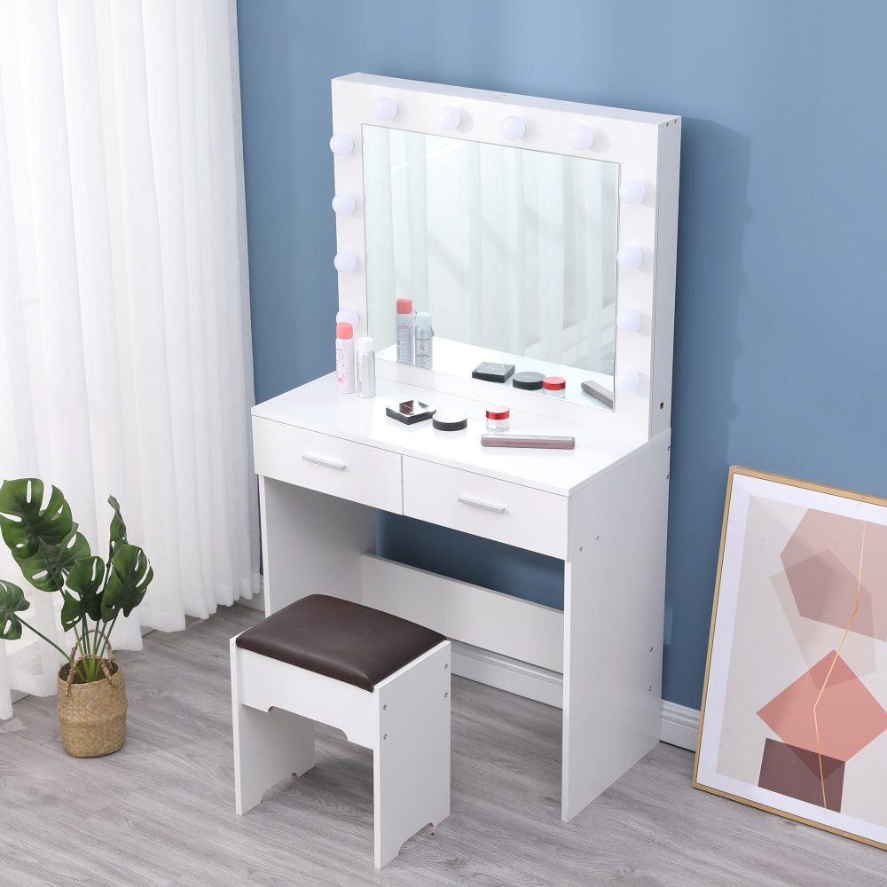Fidel Vanity Set with Cushioned Stool and Lighted Mirror- White 8