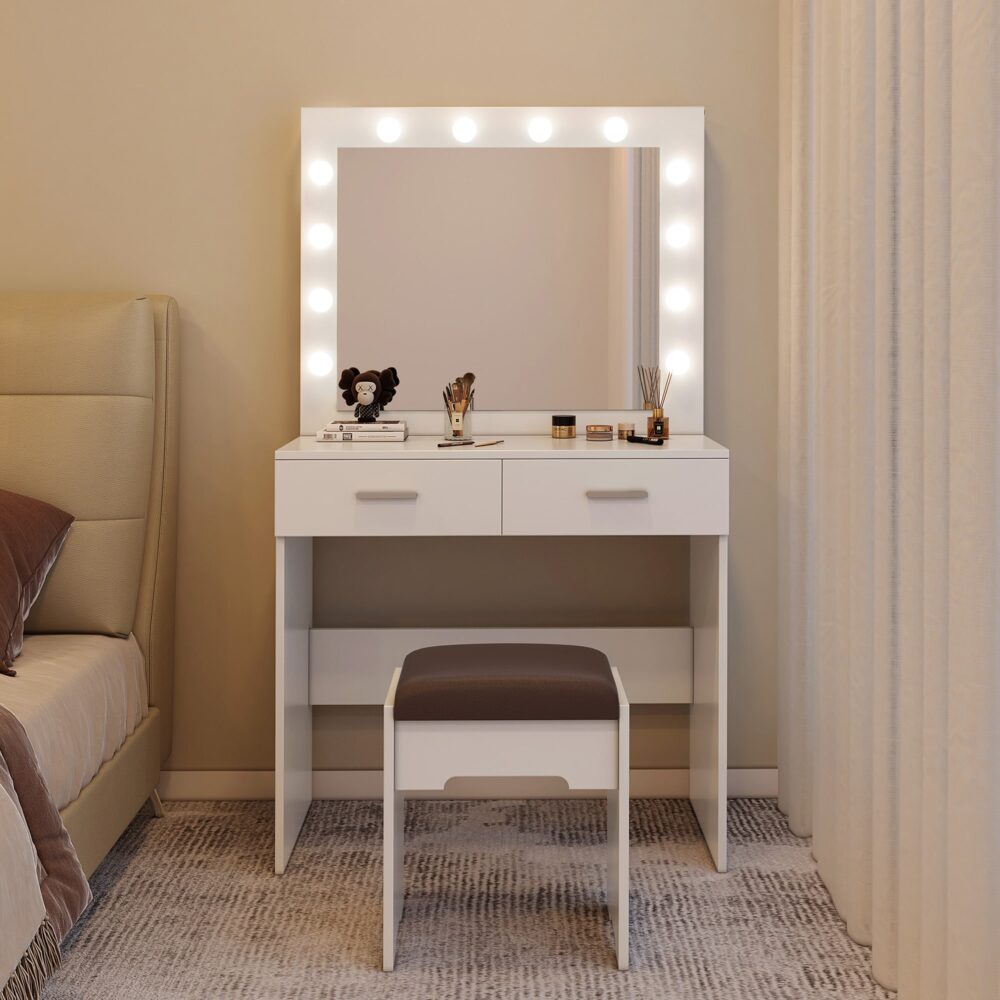 Fidel Vanity Set with Cushioned Stool and Lighted Mirror- White 5