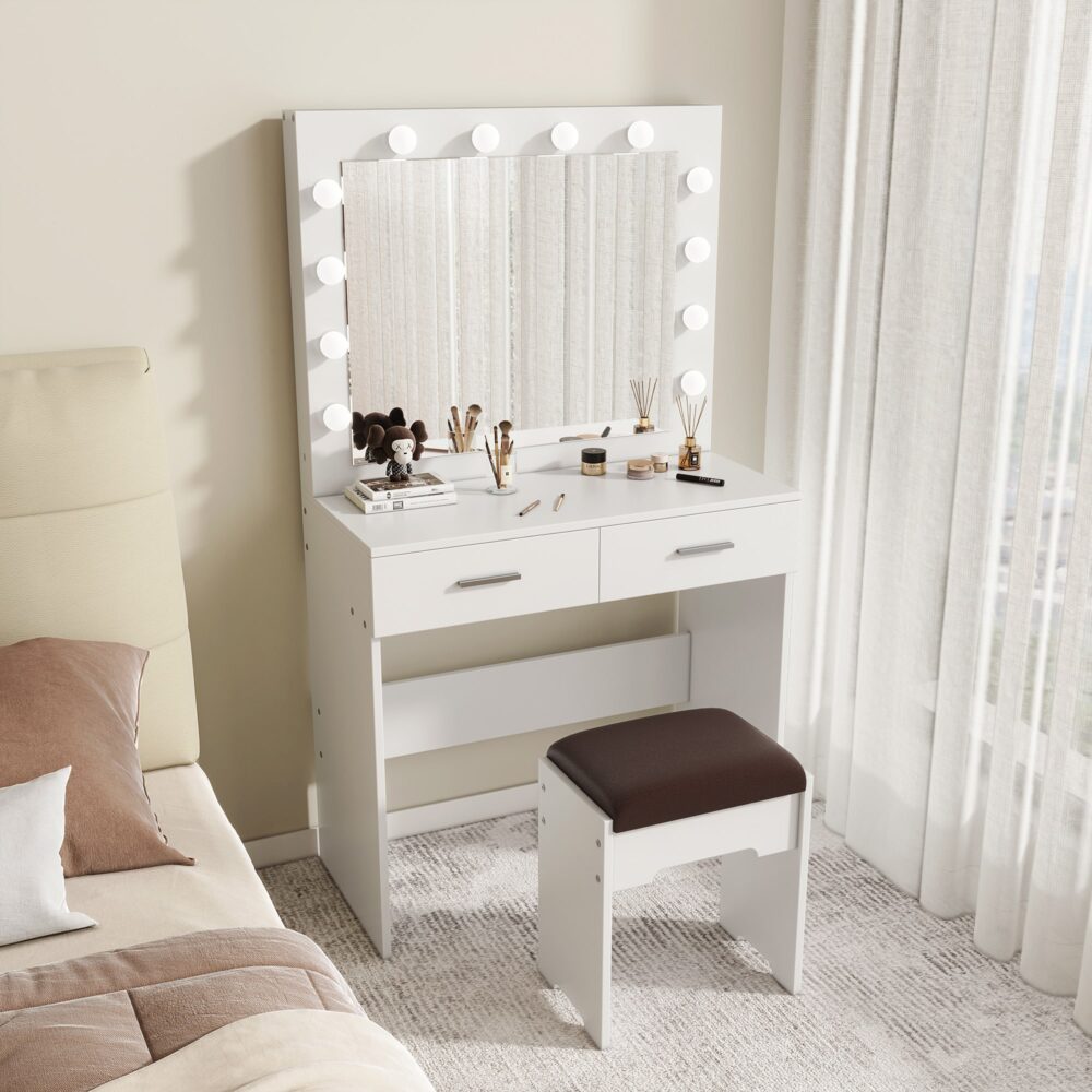 Fidel Vanity Set with Cushioned Stool and Lighted Mirror- White 6