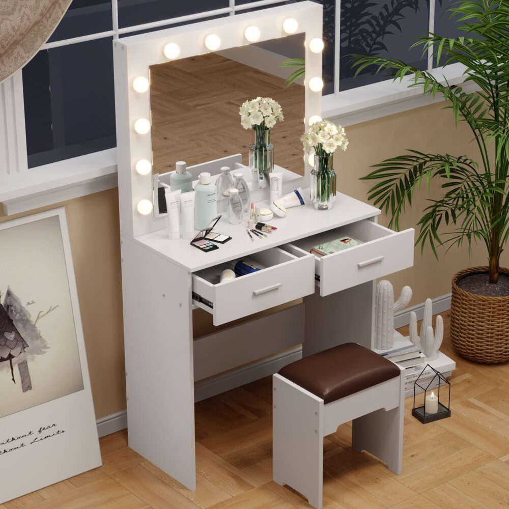 Fidel Vanity Set with Cushioned Stool and Lighted Mirror- White 3