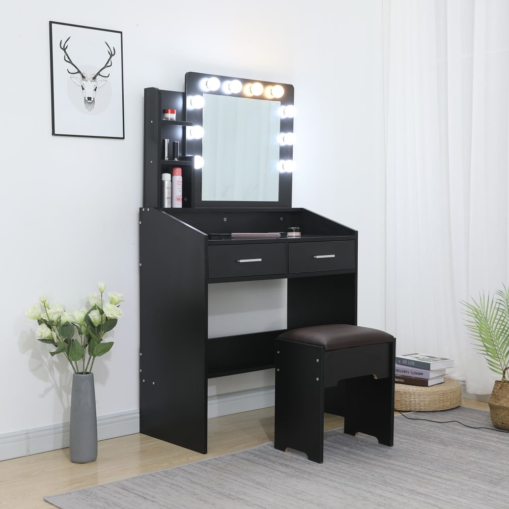 Diana Vanity Set with Shelves Cushioned Stool and Lighted Mirror- Black 6