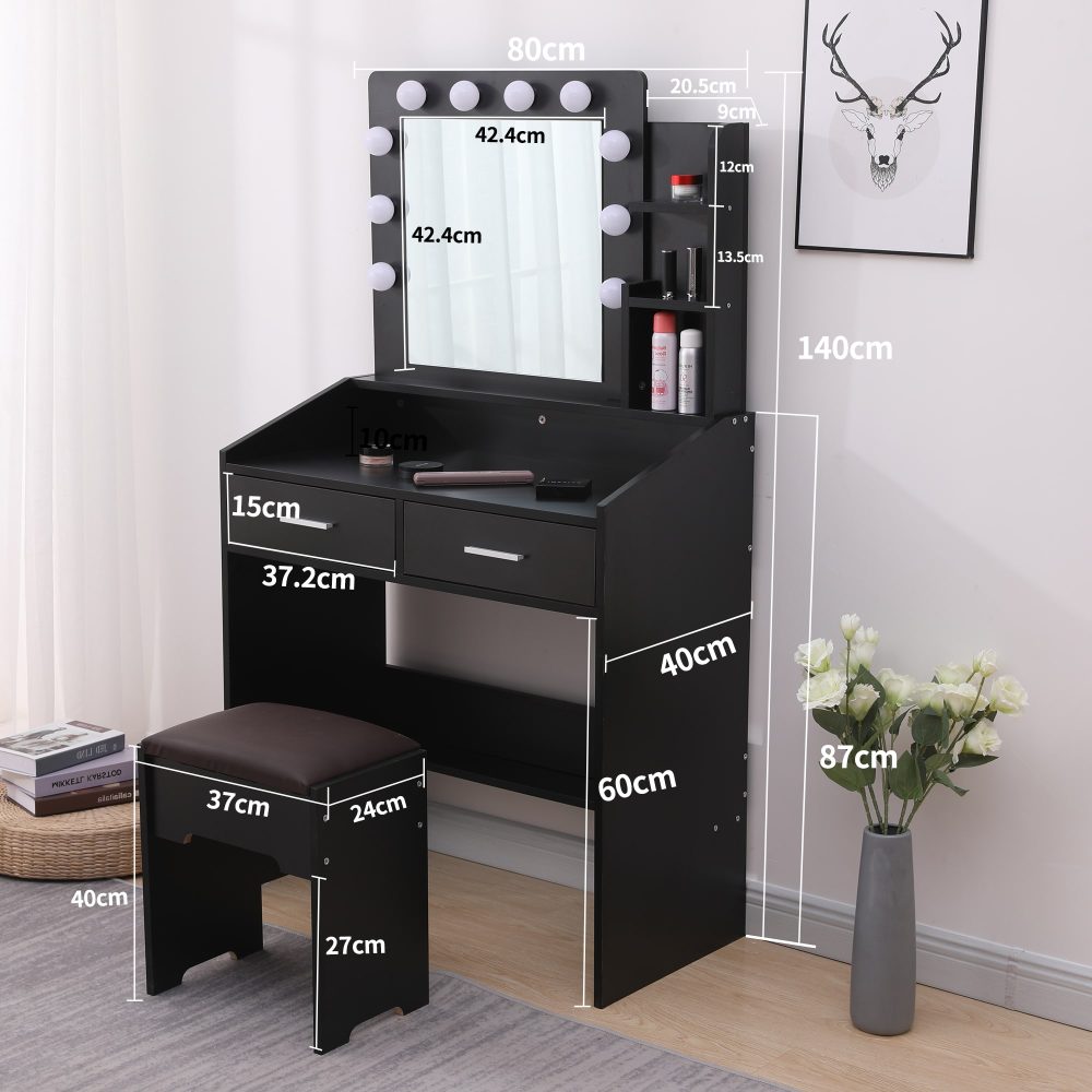 Diana Vanity Set with Shelves Cushioned Stool and Lighted Mirror- Black 13