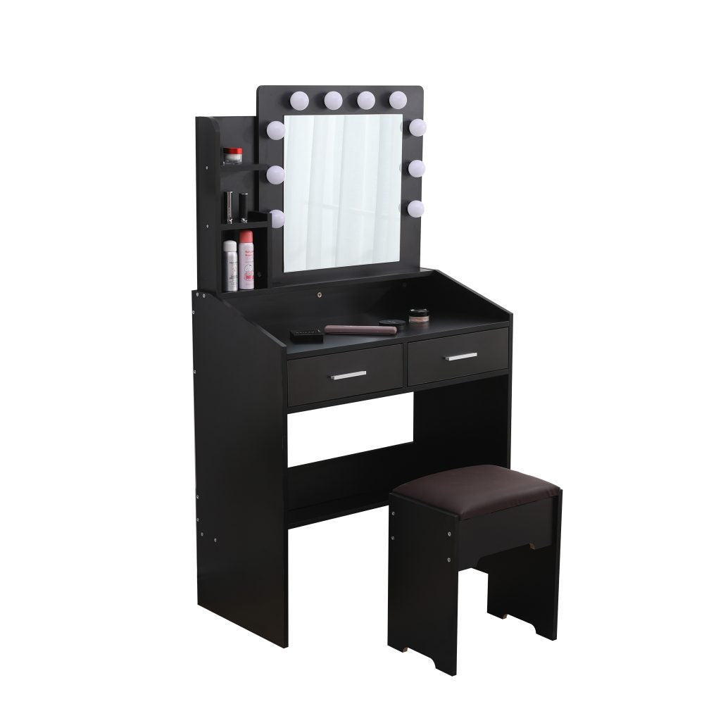 Diana Vanity Set with Shelves Cushioned Stool and Lighted Mirror- Black 7