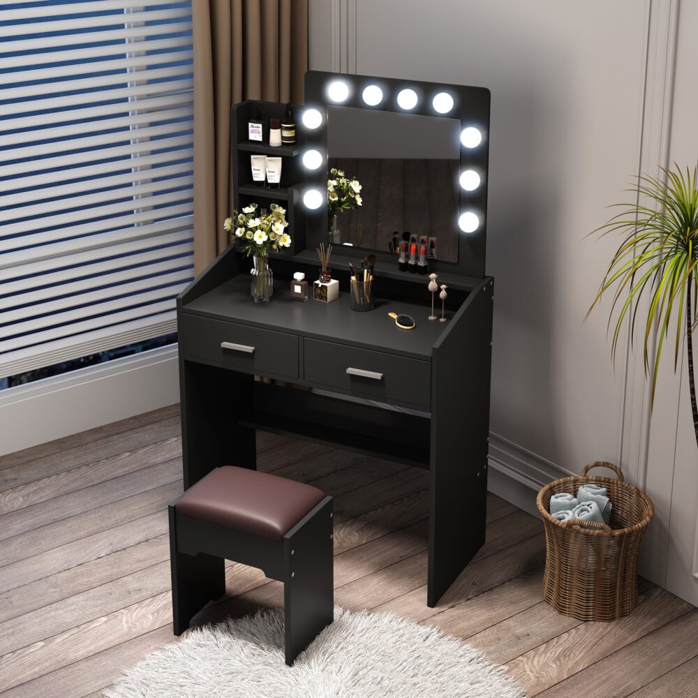 Diana Vanity Set with Shelves Cushioned Stool and Lighted Mirror- Black 3