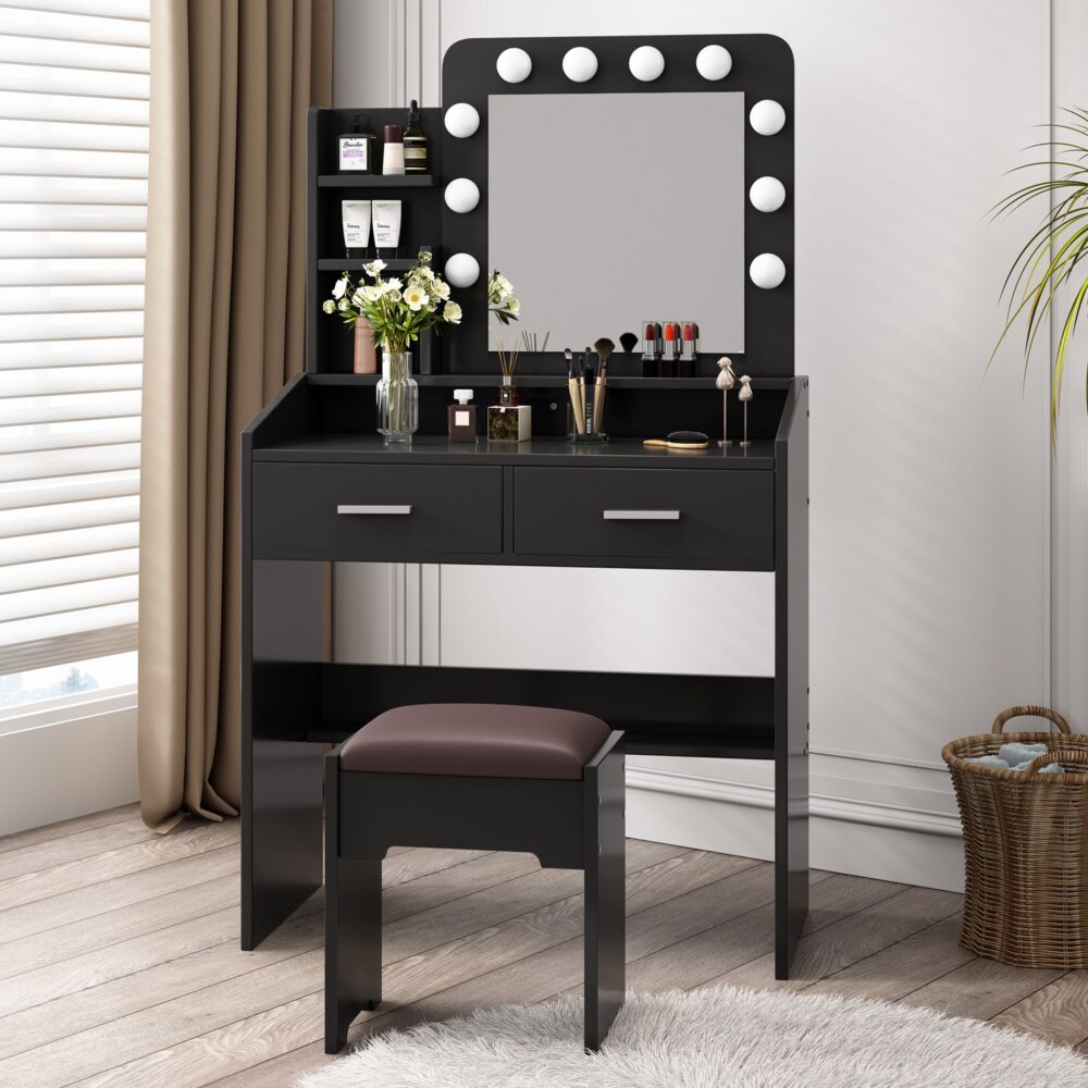 Diana Vanity Set with Shelves Cushioned Stool and Lighted Mirror- Black 5