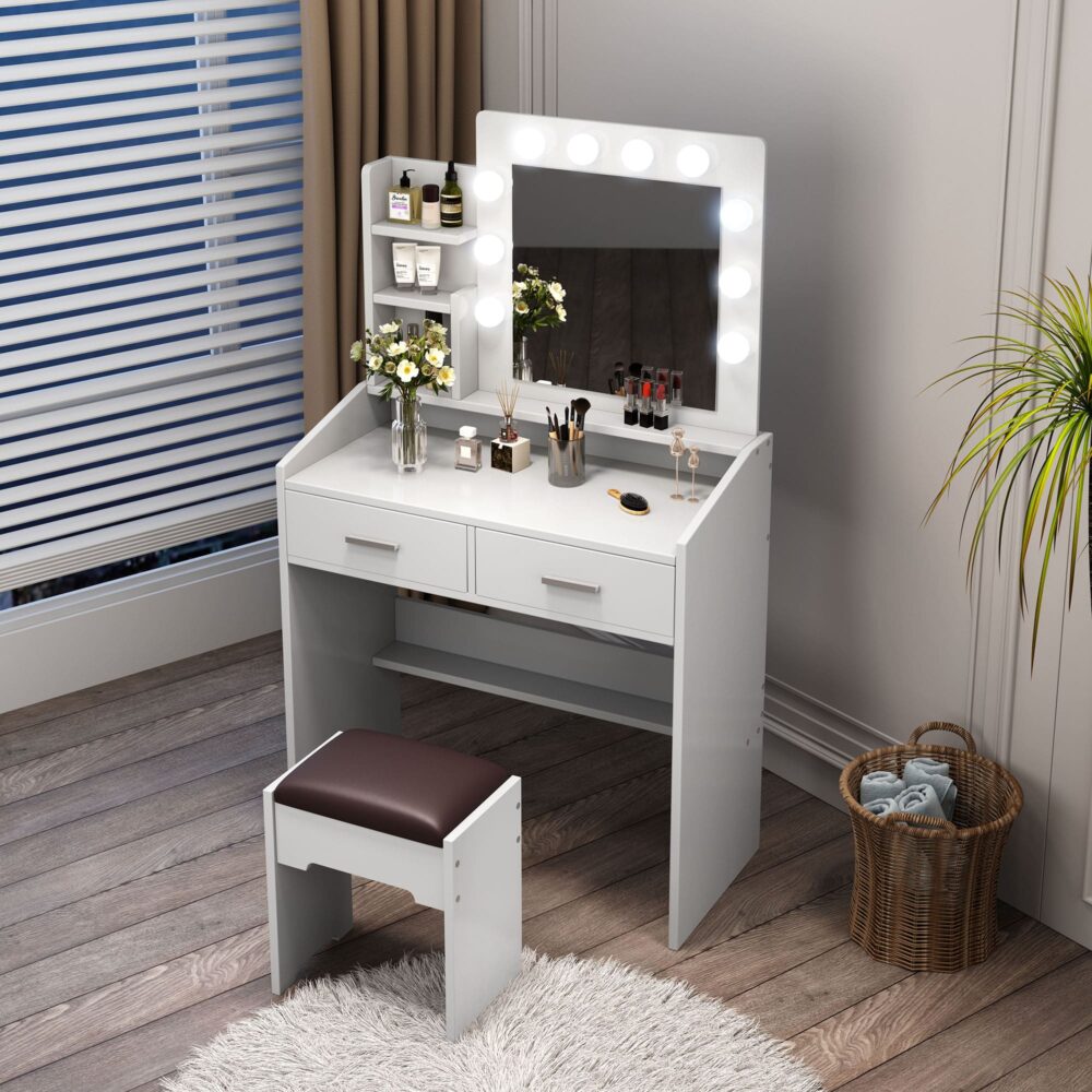 Diana Vanity Set with Shelves Cushioned Stool and Lighted Mirror- White 4