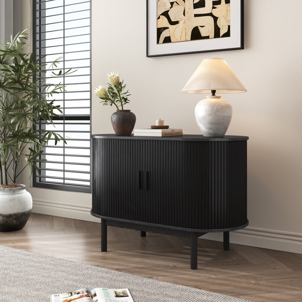 Mid-Century Black Ribbed Sideboard Cabinet 3