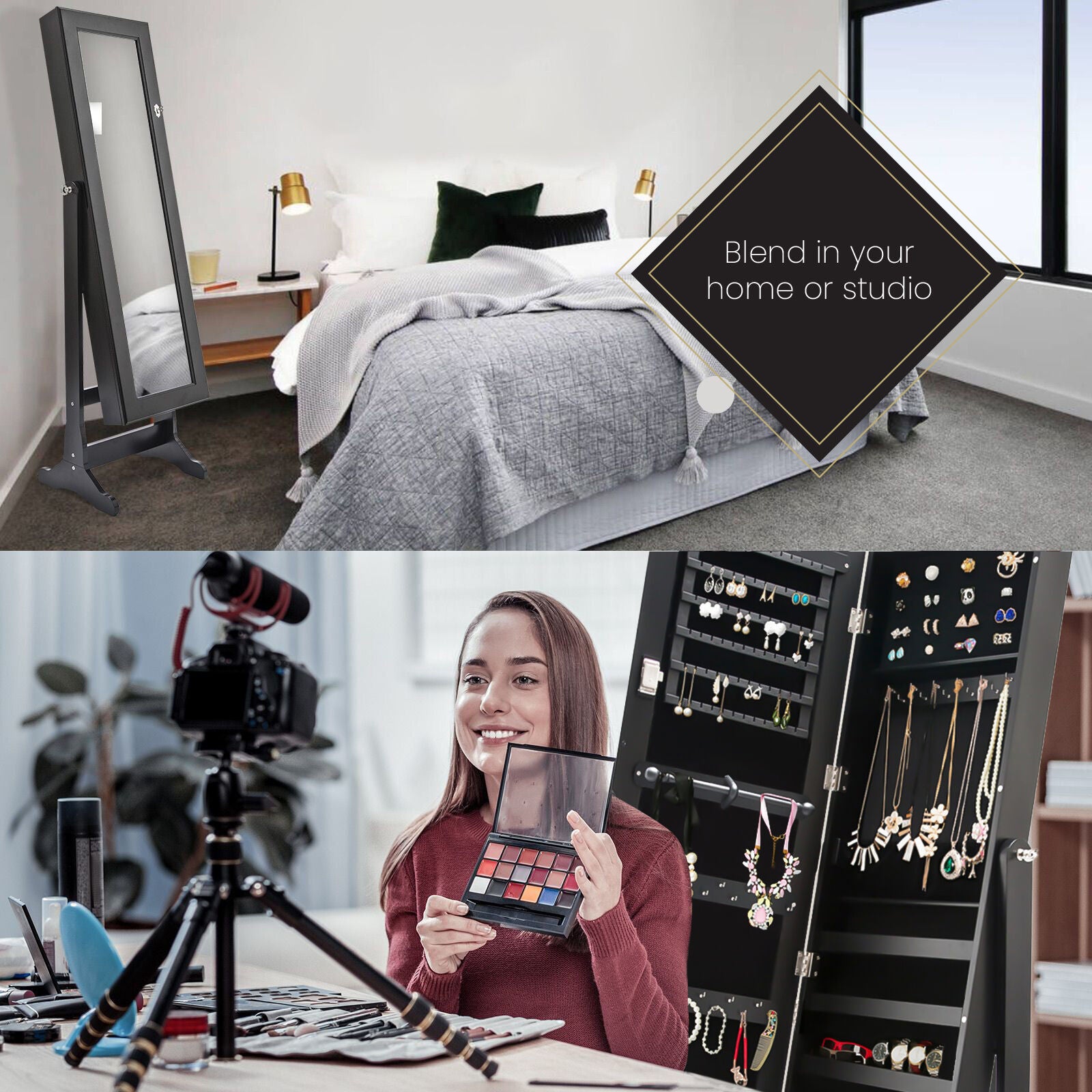 Mirror Jewellery Cabinet Organiser 2 Drawers LOWE 146cm BLACK 3