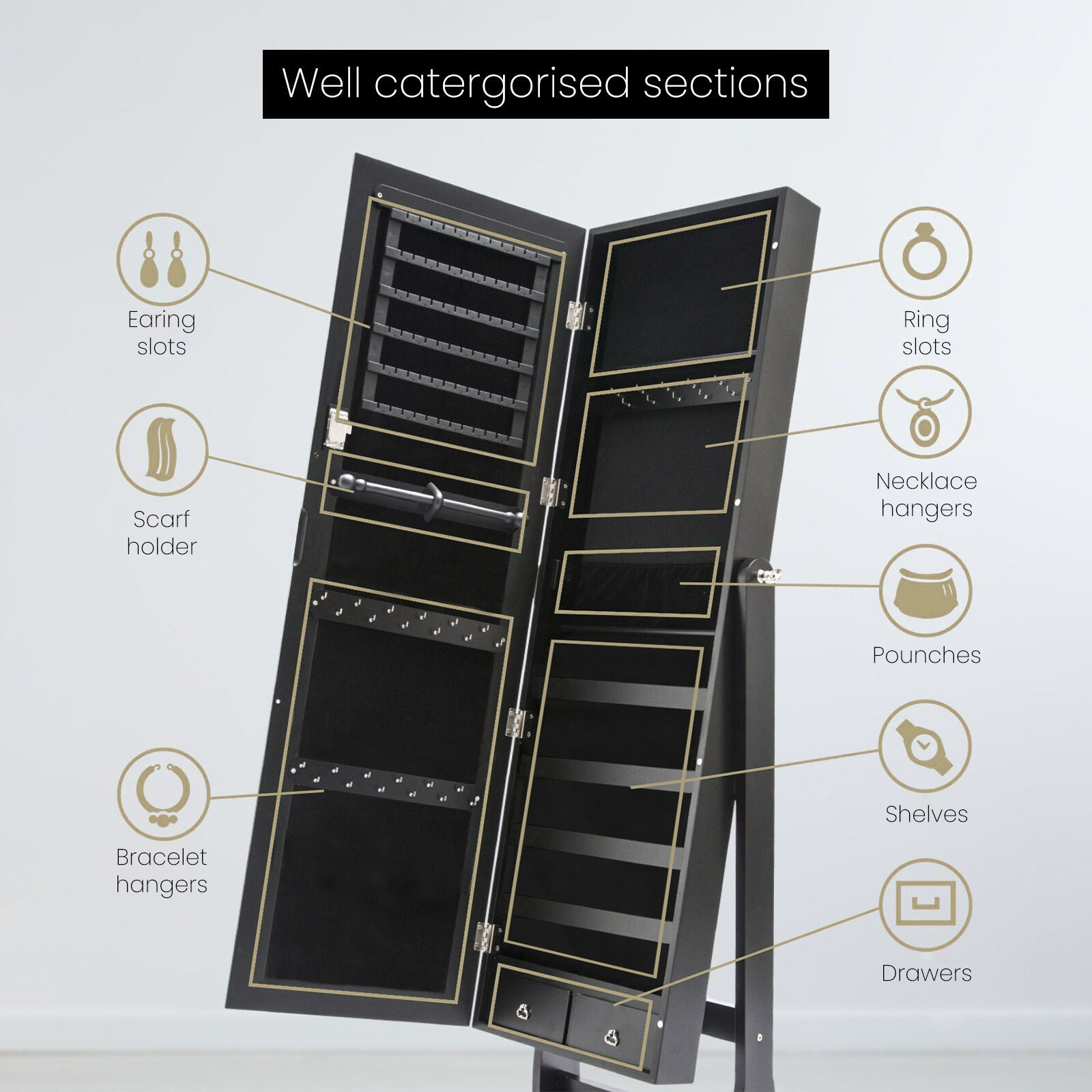 Mirror Jewellery Cabinet Organiser 2 Drawers LOWE 146cm BLACK 8