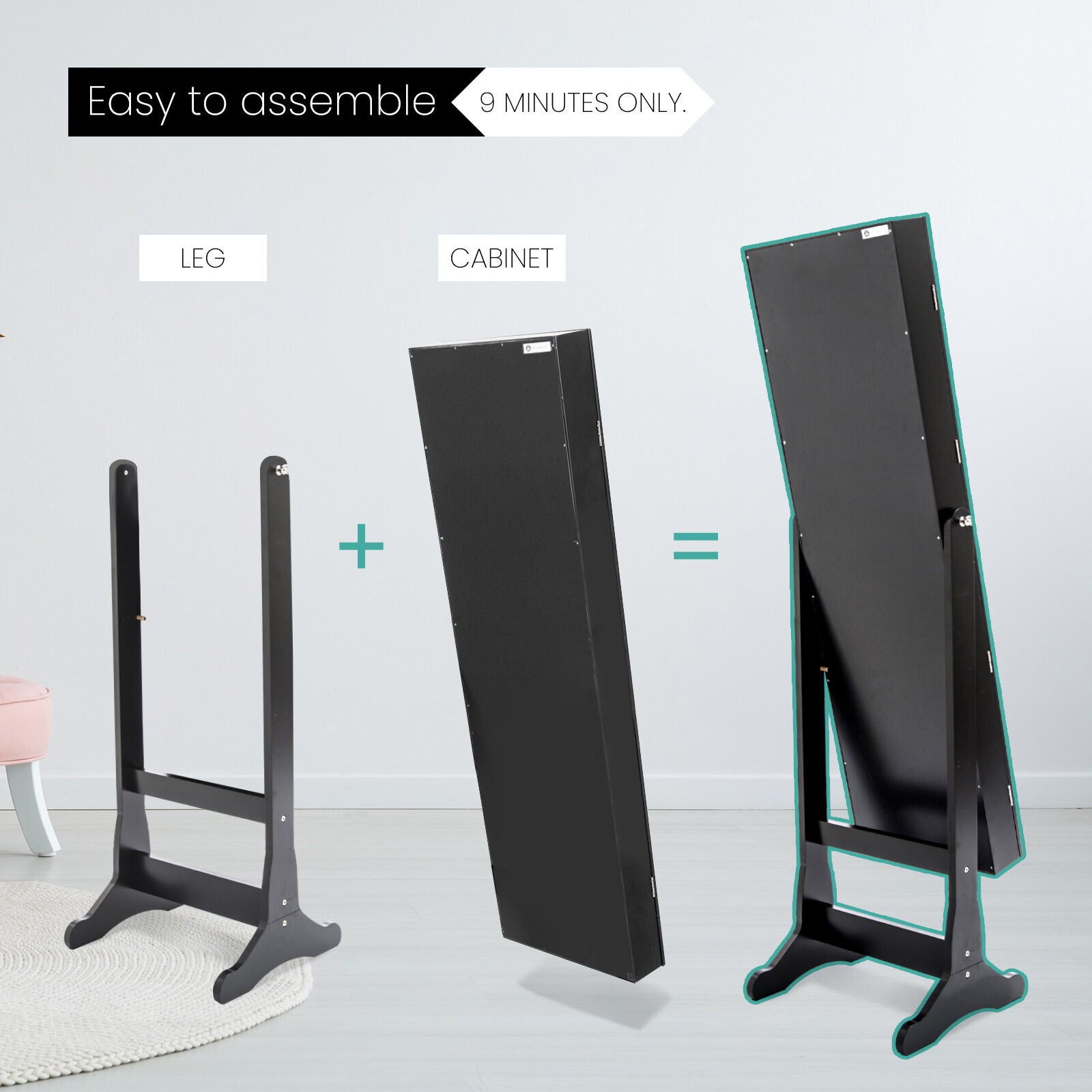 Mirror Jewellery Cabinet Organiser 2 Drawers LOWE 146cm BLACK 10