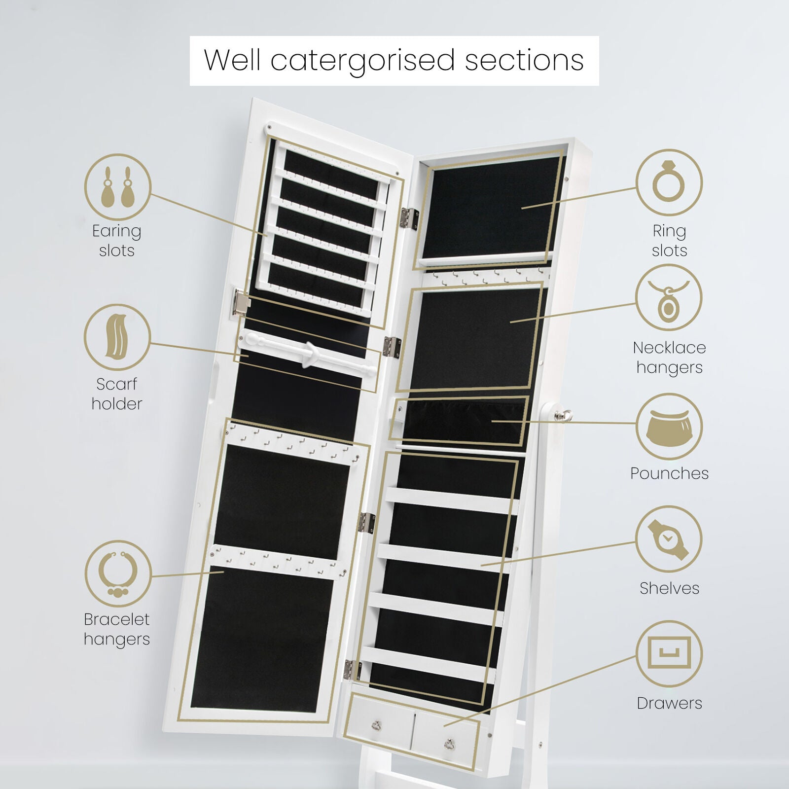 Mirror Jewellery Cabinet Organiser 2 Drawers LOWE 146cm WHITE 8