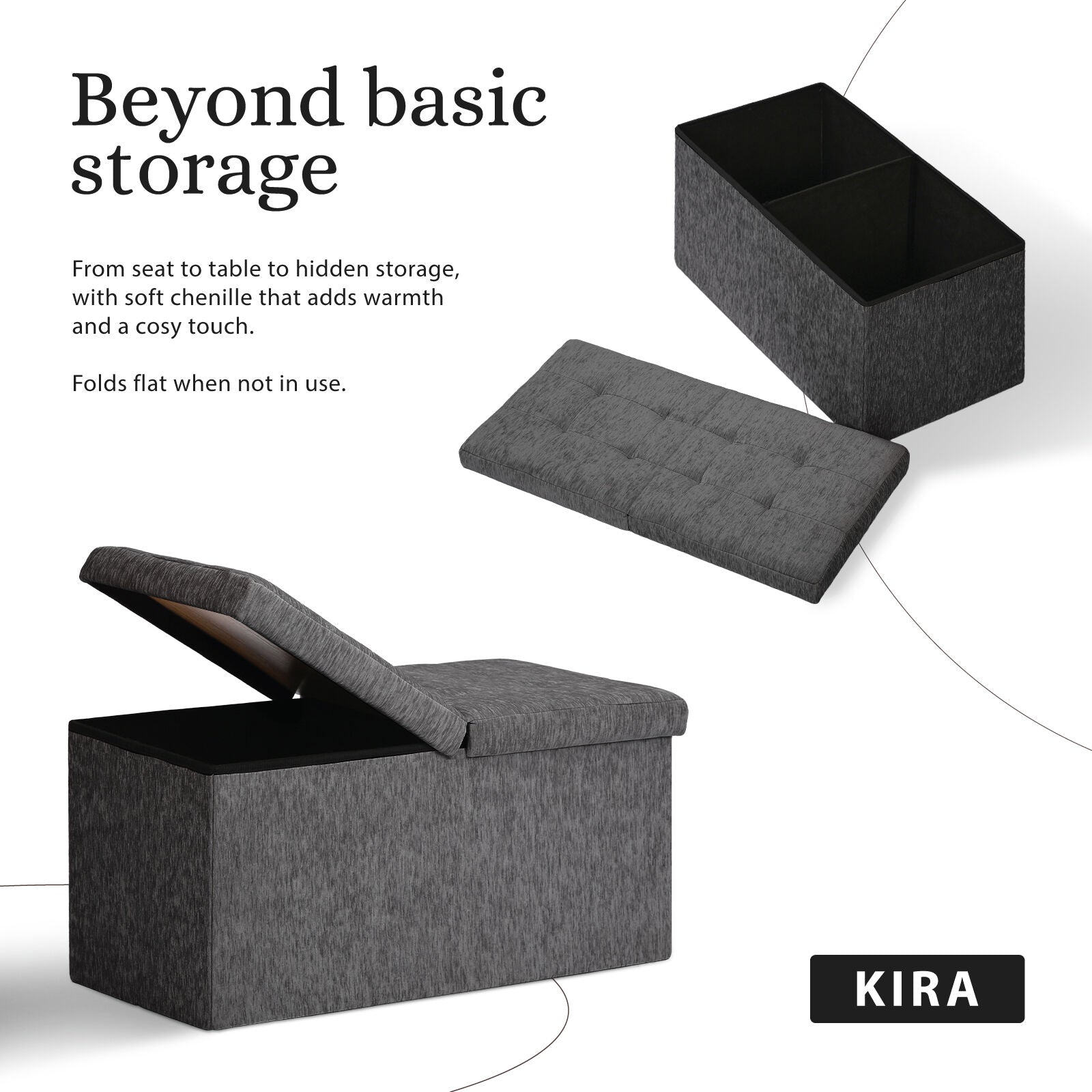 Foldable Storage Ottoman - Flip Lid Side Table Toy Blanket Organiser Seat KIRA BLACK 3