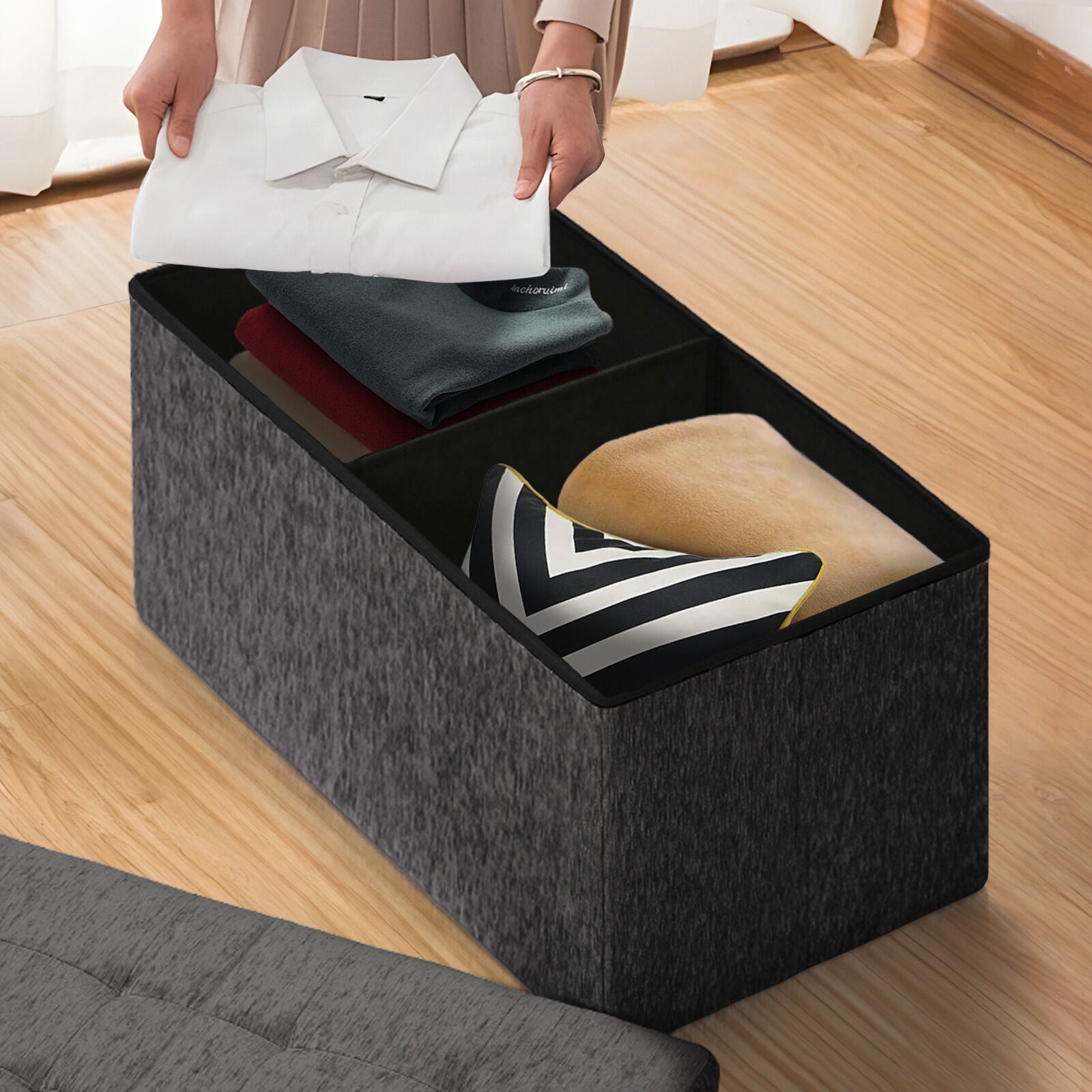 Foldable Storage Ottoman - Flip Lid Side Table Toy Blanket Organiser Seat KIRA BLACK 4
