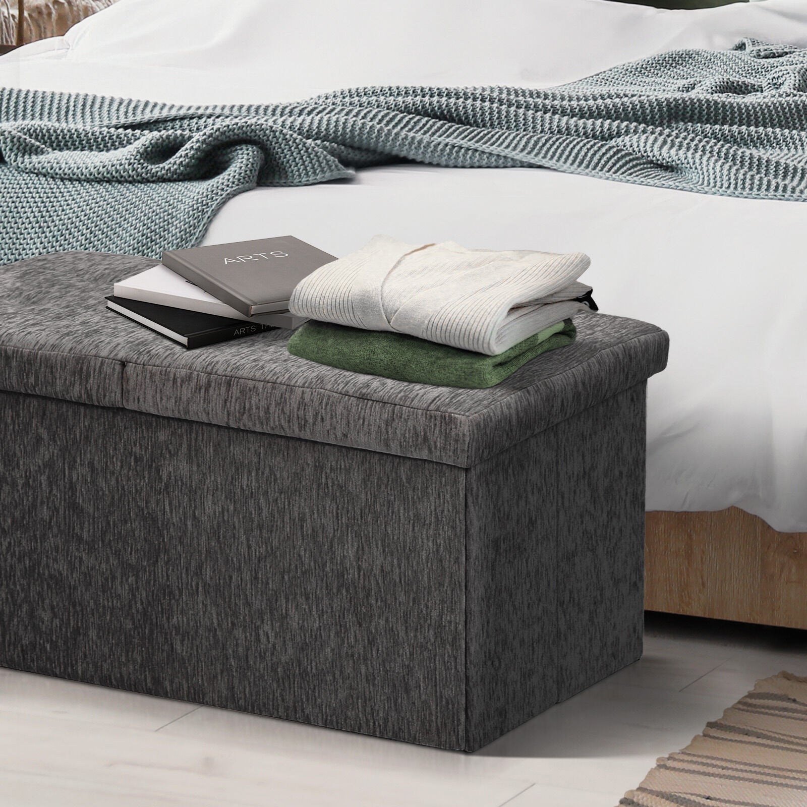 Foldable Storage Ottoman - Flip Lid Side Table Toy Blanket Organiser Seat KIRA BLACK 6