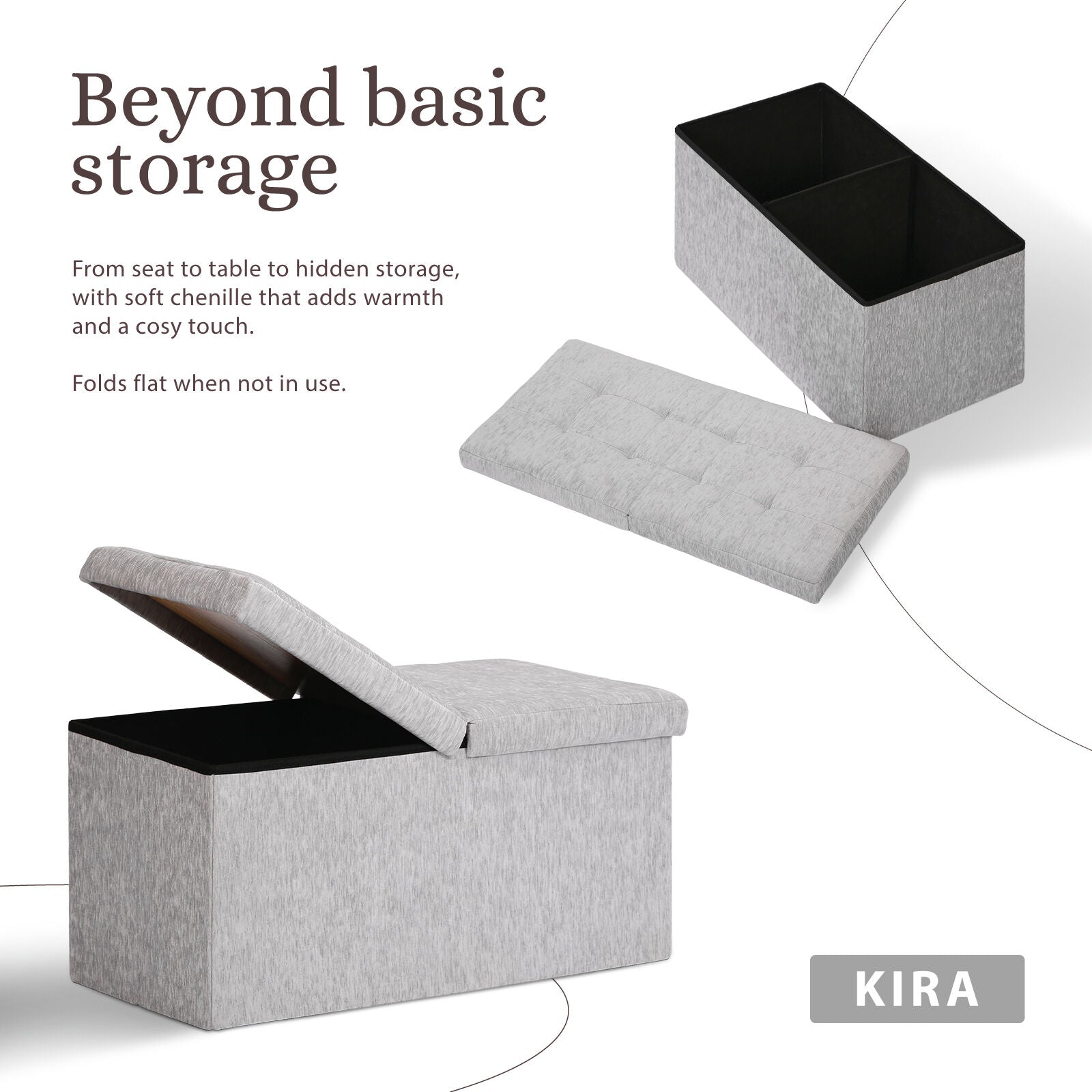 Foldable Storage Ottoman - Flip Lid Side Table Toy Blanket Organiser Seat KIRA GREY 3