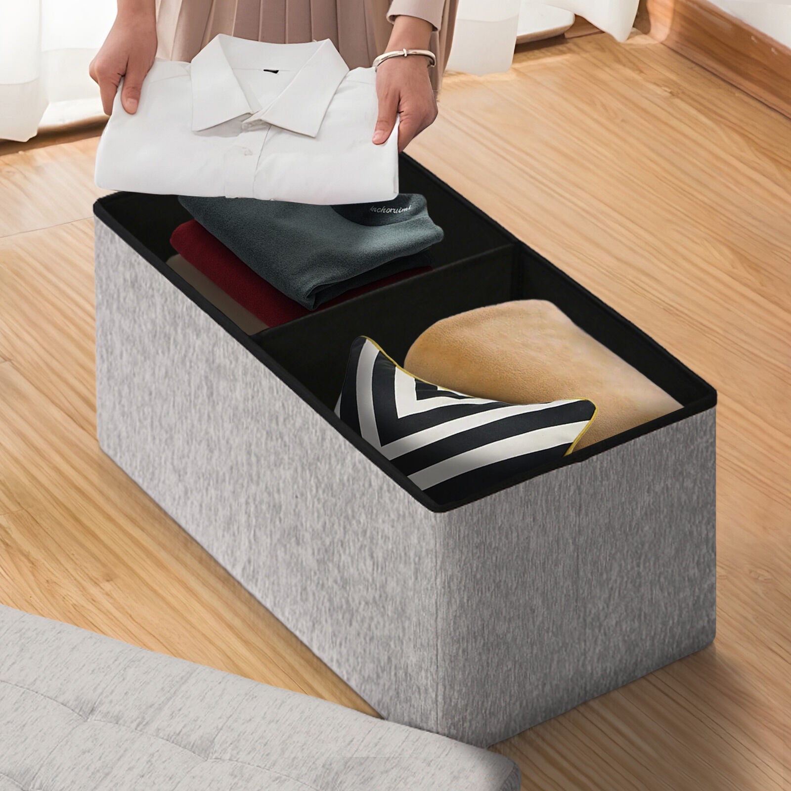 Foldable Storage Ottoman - Flip Lid Side Table Toy Blanket Organiser Seat KIRA GREY 4
