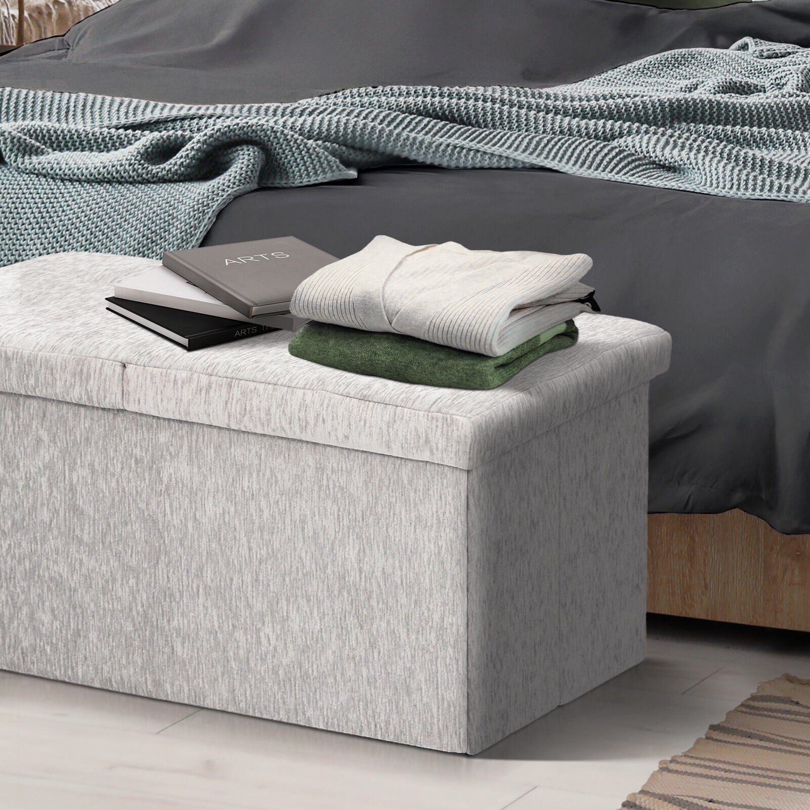 Foldable Storage Ottoman - Flip Lid Side Table Toy Blanket Organiser Seat KIRA GREY 6