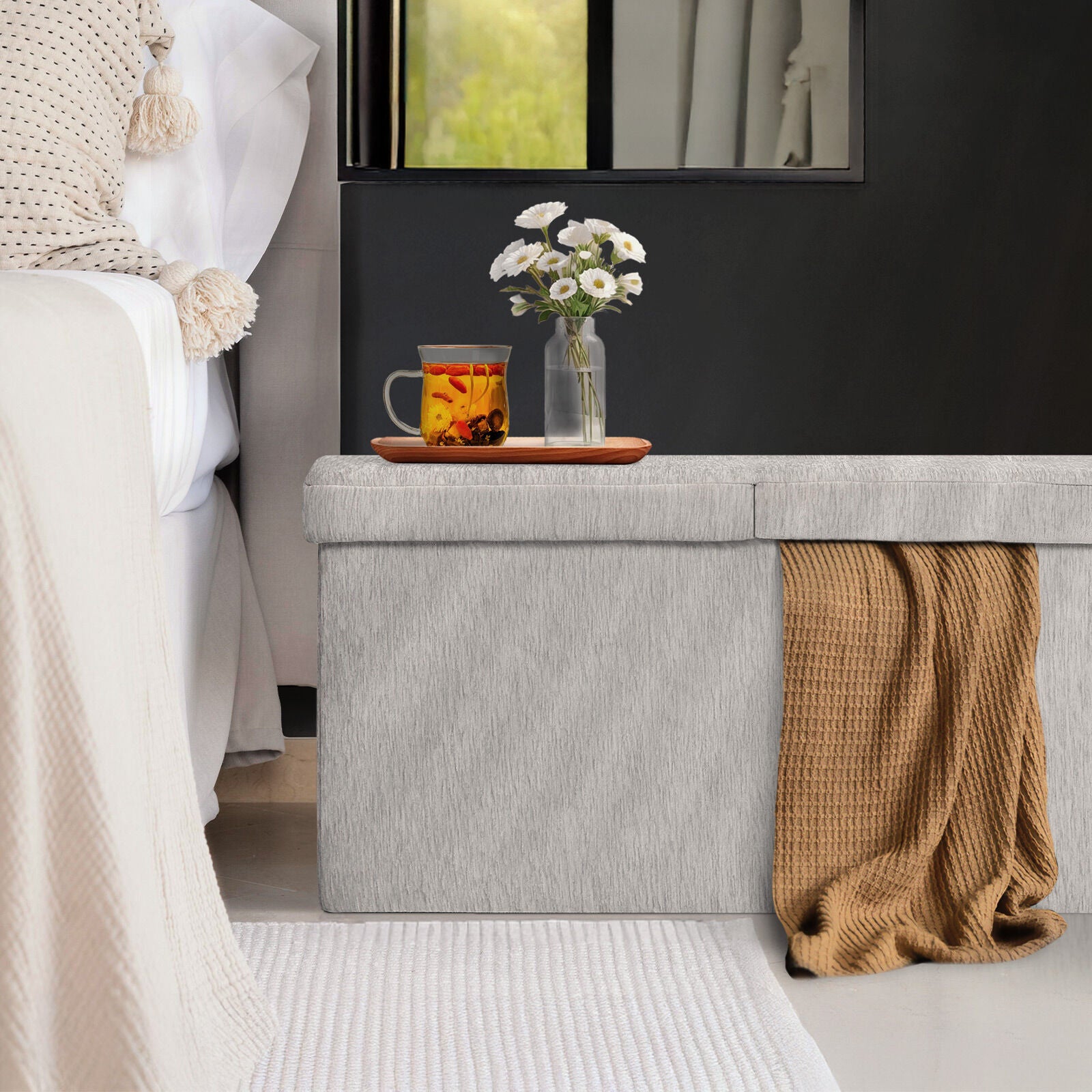 Foldable Storage Ottoman - Flip Lid Side Table Toy Blanket Organiser Seat KIRA GREY 9