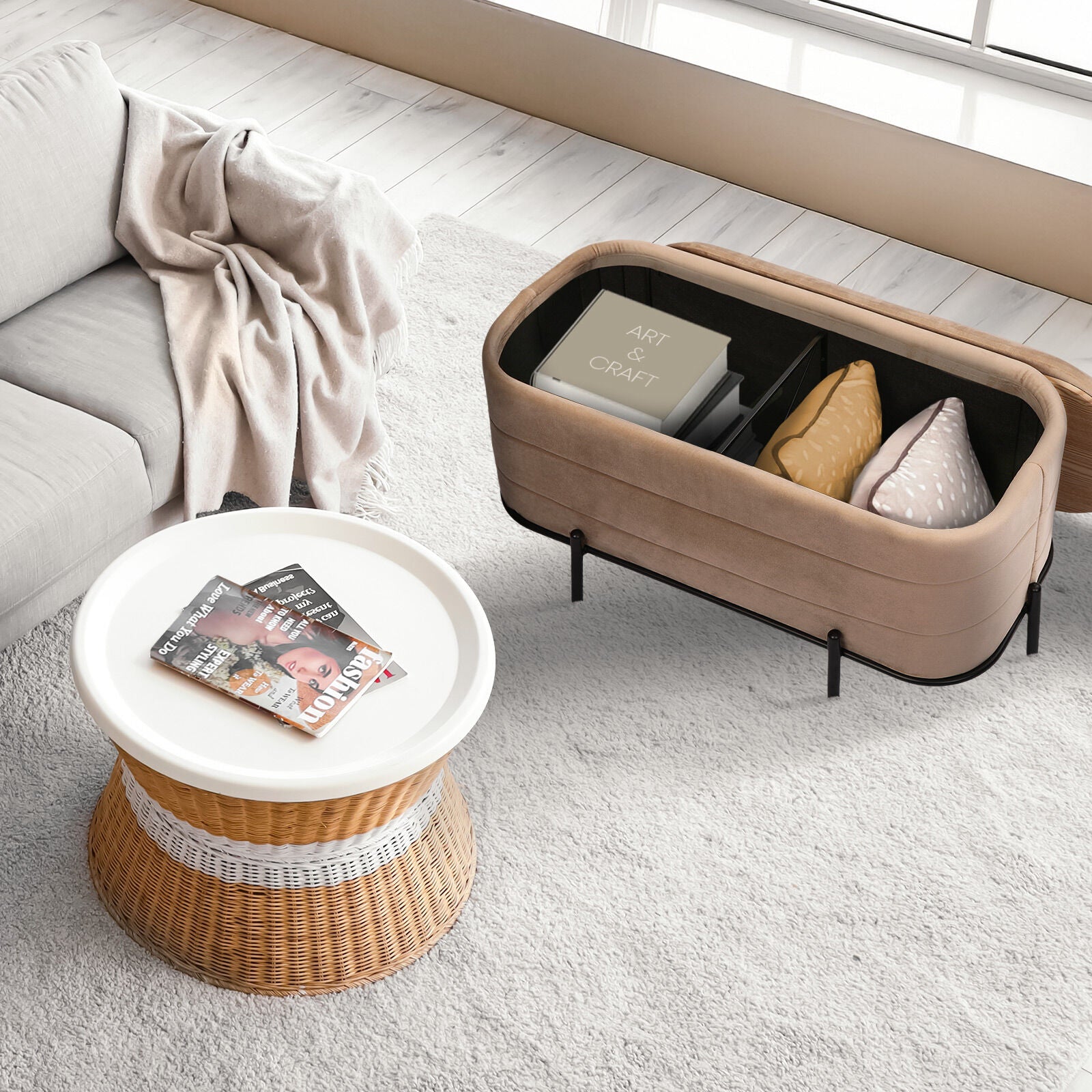 La Bella Coffee Table Storage Ottoman - Velvet Blanket Box Bench DEMI - CAMEL BEIGE 4