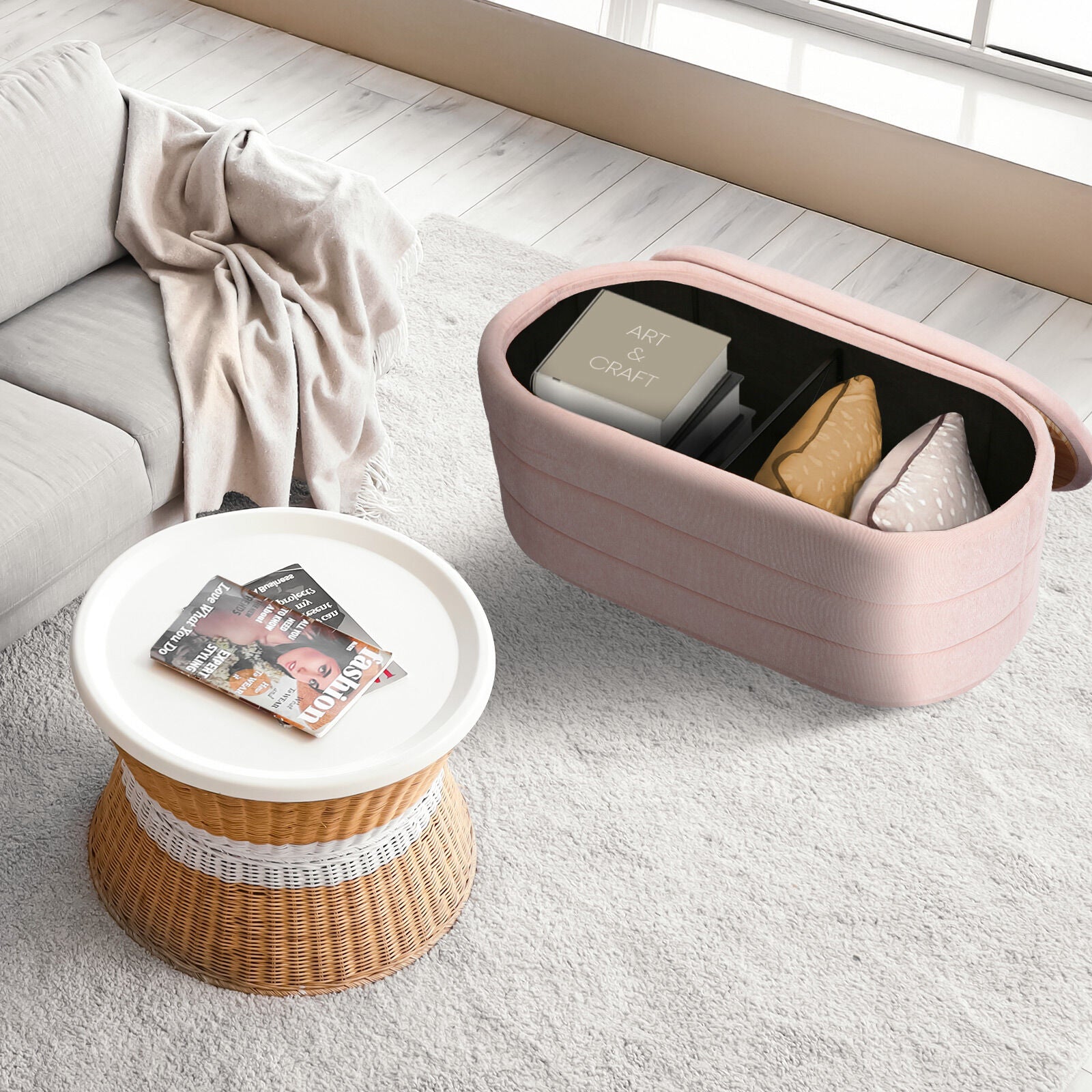 Coffee Table Storage Ottoman - Chenille Fabic Padded Blanket Box Bench CELIA - PINK 4