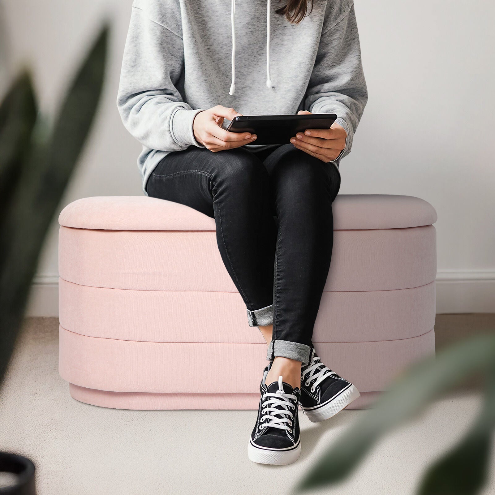 Coffee Table Storage Ottoman - Chenille Fabic Padded Blanket Box Bench CELIA - PINK 6