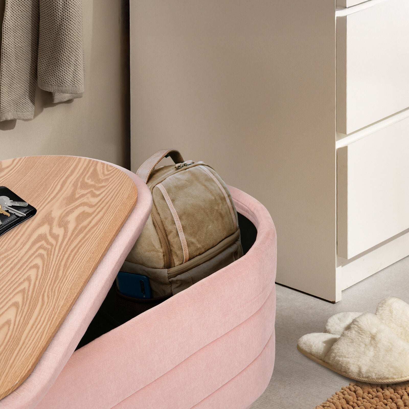 Coffee Table Storage Ottoman - Chenille Fabic Padded Blanket Box Bench CELIA - PINK 9